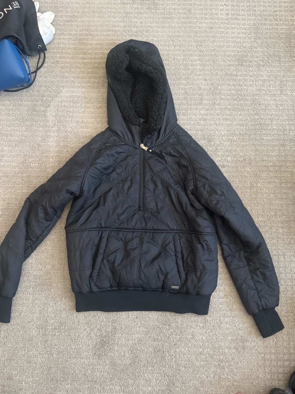 Prana Black Quilted Hooded Pullover Jacket